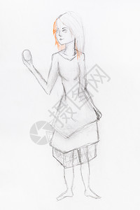 用白纸上的黑铅笔手工绘制的伸臂里看着鸡蛋的女孩草图图片
