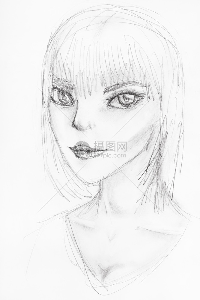 白纸上用黑铅笔亲手画的长眼睛人类形态女孩的草图图片