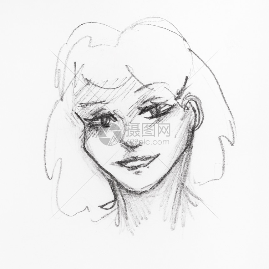 用白纸上的黑铅笔亲手绘制的快乐年轻女子肖像草图图片