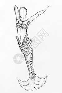 用黑铅笔和白纸墨手工绘制的鱼尾美人图背景