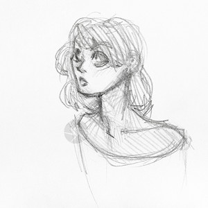 用白纸上的黑铅笔亲手画出大眼睛的奇异女孩头部草图背景图片