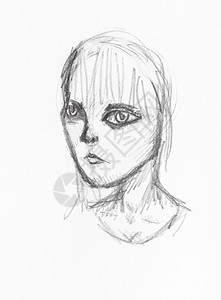 动漫头部素材用白纸上的黑铅笔亲手绘制的大眼睛女孩头部草图背景