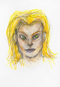 白纸色铅笔上用手工绘制黄色头发的猫女肖像背景图片