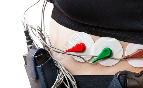 白色背景隔离的躯体电心图Holter监测器记录和传感的侧视图和传感器图片