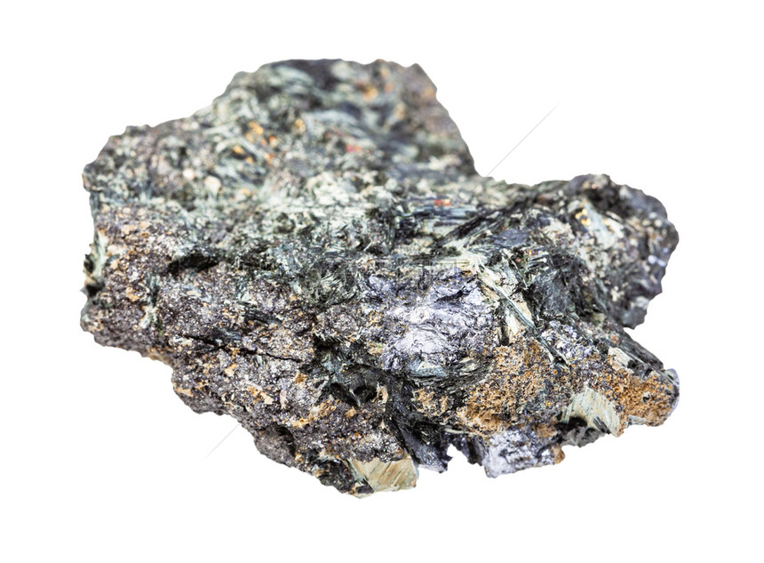地质采集的自然矿物样本封闭式抽Glaucophane的原始Molybdenite晶体和在白色背景上隔离的磁岩晶体图片