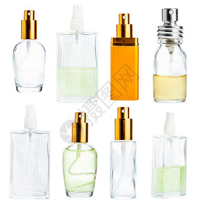 各种香水喷雾玻璃瓶在白色背景上隔离背景图片
