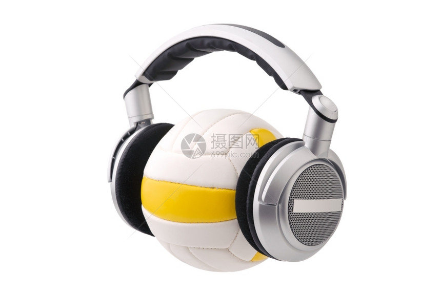 白色的斯克莱兹涅夫象征关于排球体育和音乐概念的排球运动和音乐耳机图片