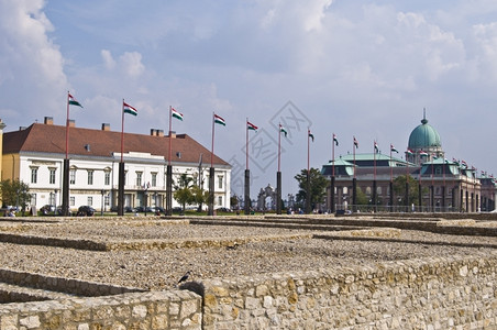 拿着旗帜军人地面在布达佩斯城堡的山丘上游行挂着许多旗子雅各布斯背景