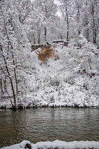 冬天靠近雪覆盖森林深河水冰雪覆盖了一片小河黑暗的图片