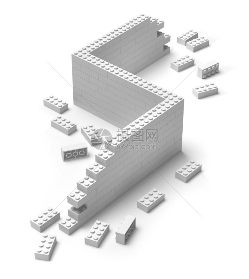 边界正在建造的3D型筑中玩具砖墙壁在白色上隔离堡垒壁画图片