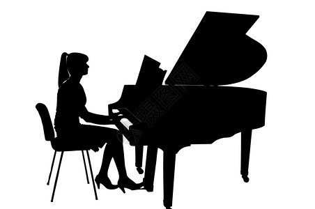 白色的学习一个女孩在白色背景下弹钢琴的轮廓玩背景图片