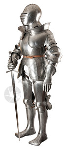 中世纪盔甲铁老的古董中世纪骑士的盔甲金属保护士兵不受对手冲撞金属保护背景