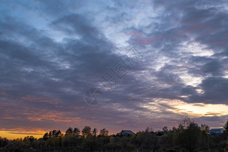 美丽的夜云天空与秋树的顶峰俄罗斯多云的森林日落图片