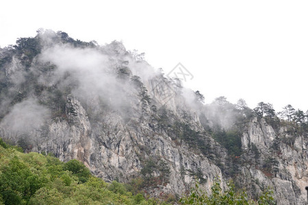 云雾缭绕的山间的美景和草地图片
