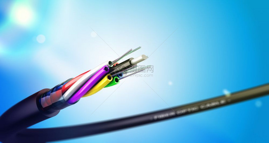 灯蓝色的将光纤电缆在蓝色背景上剥下并配有亮光通信网络技术光纤缆NTIC超过图片