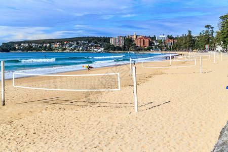 澳大利亚新南威尔士州Manly海滩上的排球网运动海伦冲浪者背景图片