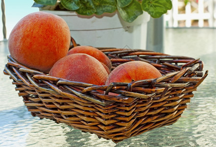 甜的可口季节木篮子中的桃在玻璃桌上图片