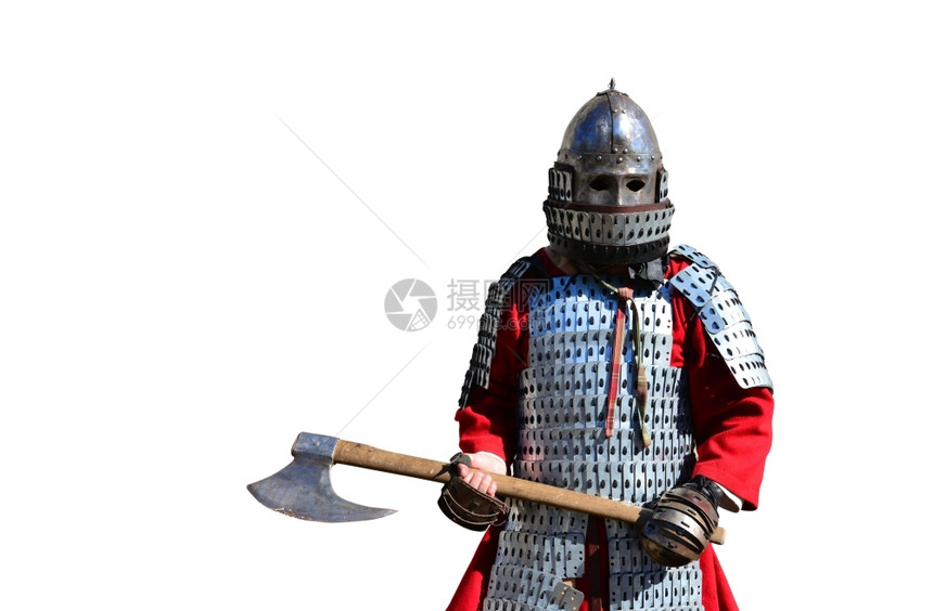 骑士中世纪金属盔甲和头战士在白色上孤立战争超过图片