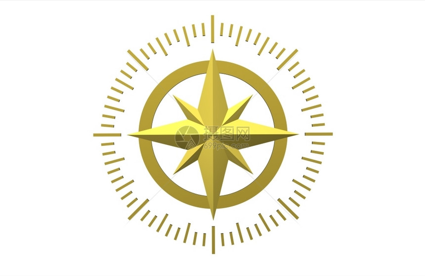 金的白色背景上孤立的指南针3dmake东导航图片