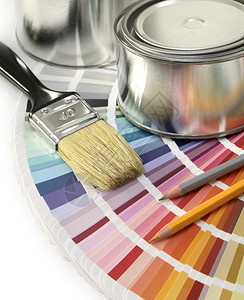 细微差别绘画图彩色表样手油漆刷和罐色板画笔图片