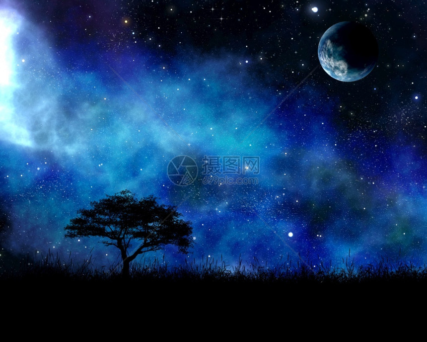 3D形成一棵树对空天和抽象行星的景观夜晚一种星图片
