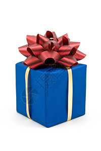 颜色惊喜红弓的蓝礼品盒白背景上孤立假期图片