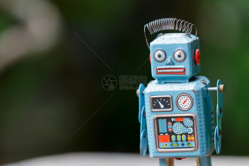自动化古老董复转式机器人锡玩具复古的蓝色图片