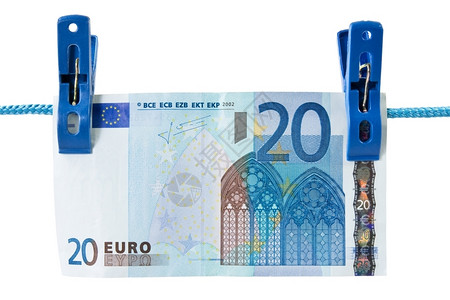 欧洲的20元悬在洗衣线上象征着洗钱活动货币晾衣绳图片