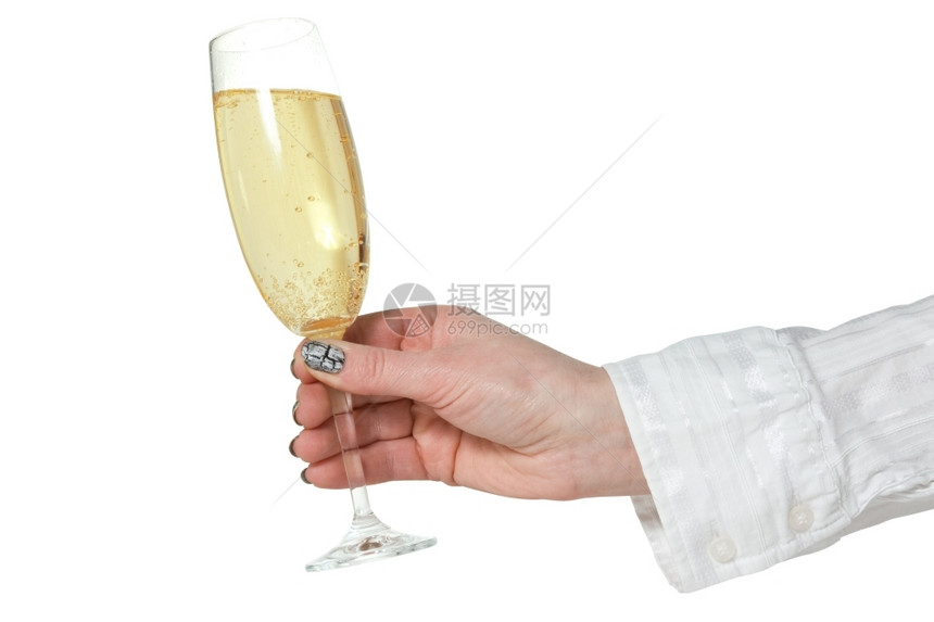 气泡女手与一杯香槟隔绝在白色背景上饮料假期图片