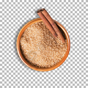 木制的种子碗中棕色甘蔗颗粒的顶部视图香料与隔绝透明背景亚麻图片