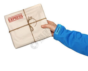 手持有快递送包的男信使服务工人或邮员表示保持高清图片