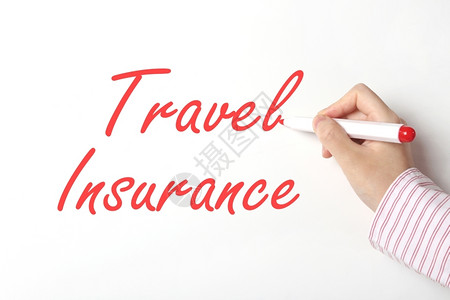 商业妇女在白板上写旅行保险单的女商人工作满意手设计图片