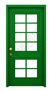 玻璃建筑学使成为3d以白色背景隔离框架的绿色门变背景图片