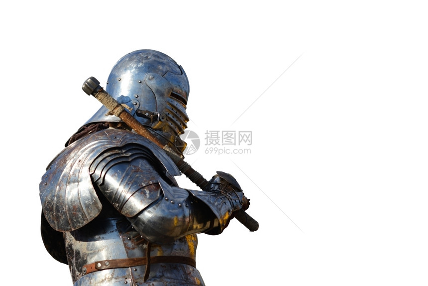 白色的锤权杖中世纪金属盔甲和头骑士在白色上被孤立图片