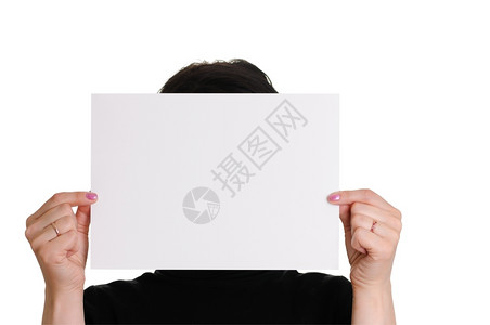 白色的该妇女持有空白的纸页在色背景上与相隔绝新的商业背景图片