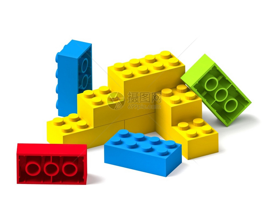 绿色开始从白上隔离的多彩建筑玩具3D区块中建造某件东西塑料砖图片