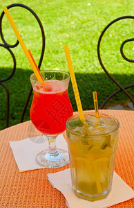酒吧喝冰莫吉托和粉红女鸡尾酒在花园餐厅的桌上图片