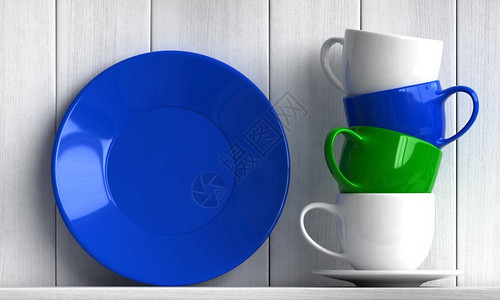 绿色菜肴3d制成咖啡杯和白木本底板厨房背景图片