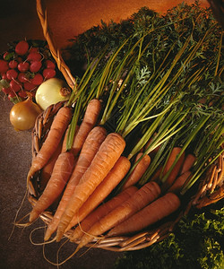 农家有机地厨房一篮生长的胡萝卜洋葱和红辣椒图片