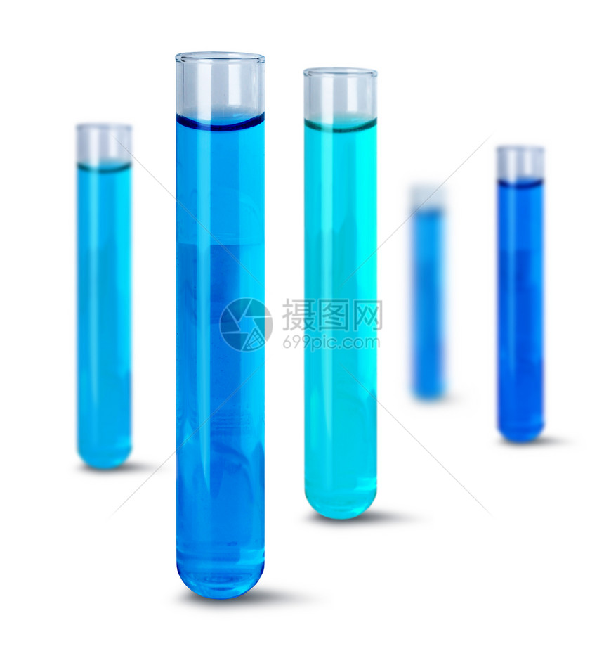 蓝色的在白背景上隔离的实验室试管中蓝色液体试管子测图片