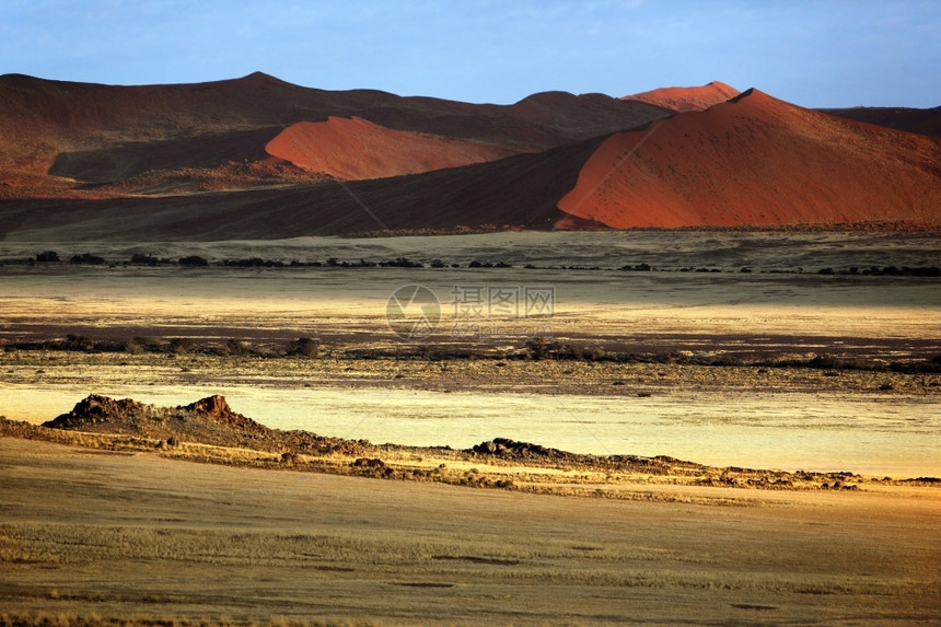 偏僻的在纳米比亚布沙漠Sossusvlei沙丘的清晨阳光下地形早晨图片