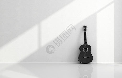 乐器白色房间的黑声吉他在空的3D音响室黑声吉他音乐一种图片