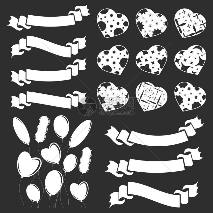 一种套白色孤立的心气球黑色背景的丝带横幅有抽象模式的简单平板矢量说明适于装饰信片婚礼节日地点等插图简单的图片