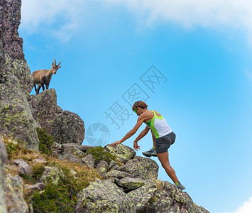 登山者和野生羚羊图片