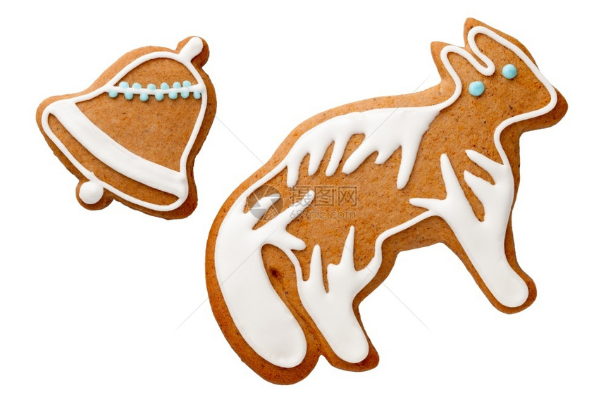 在白背景Fox和钟头视图中孤立的姜饼干刨冰装饰品平坦的图片