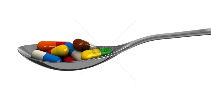 超过3d以勺子制成的药片在白色背景上隔离健康药丸图片