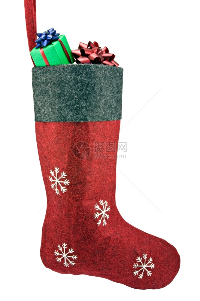 装饰品展示塞满红色的圣诞节袜子满都是白纸上孤立的礼物图片