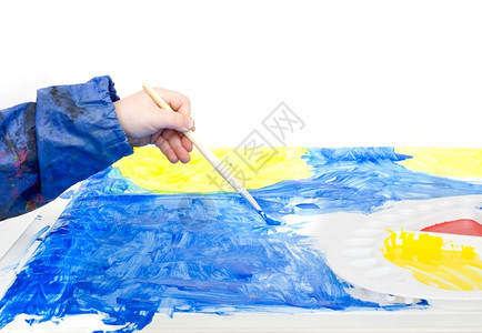 画孩子手握着一个拿蓝海报油漆刷子的幼童手围裙背景图片