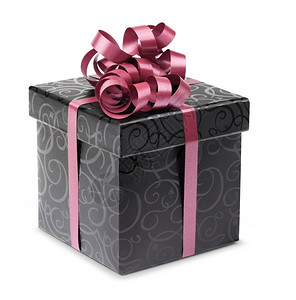 展示带紫色丝和蝴蝶结的时尚黑色礼盒生日弓图片
