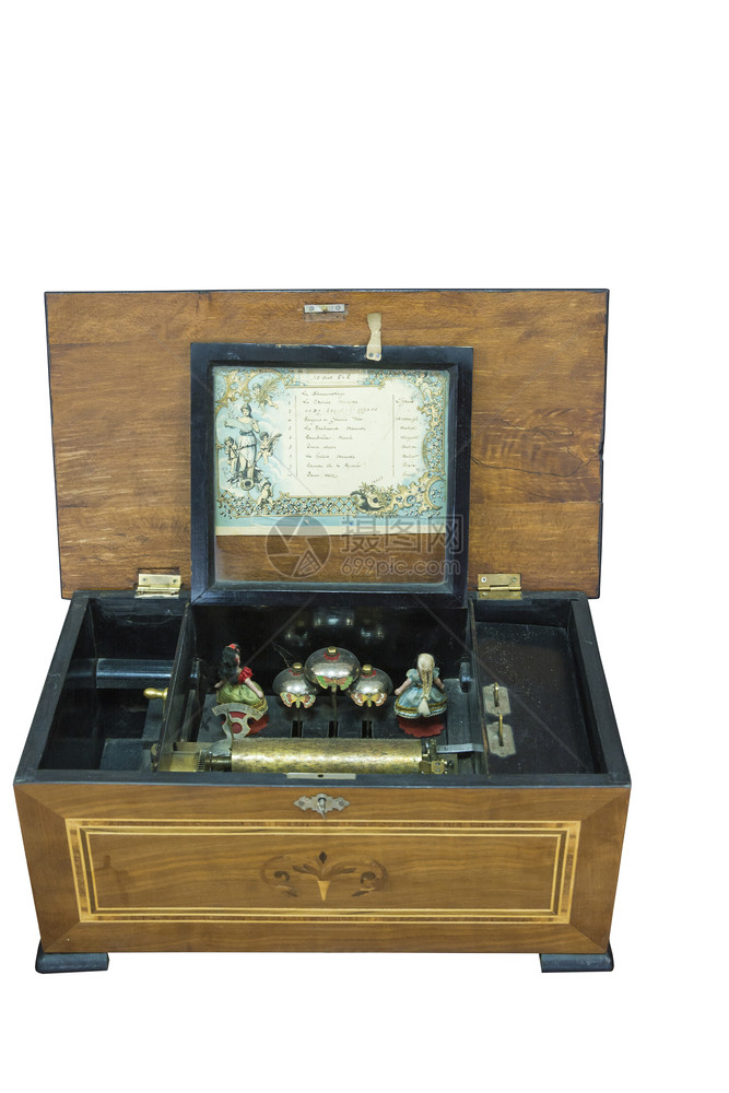 点唱机正面目的19世纪古老点唱盒在白色背景的木盒子里欧洲图片